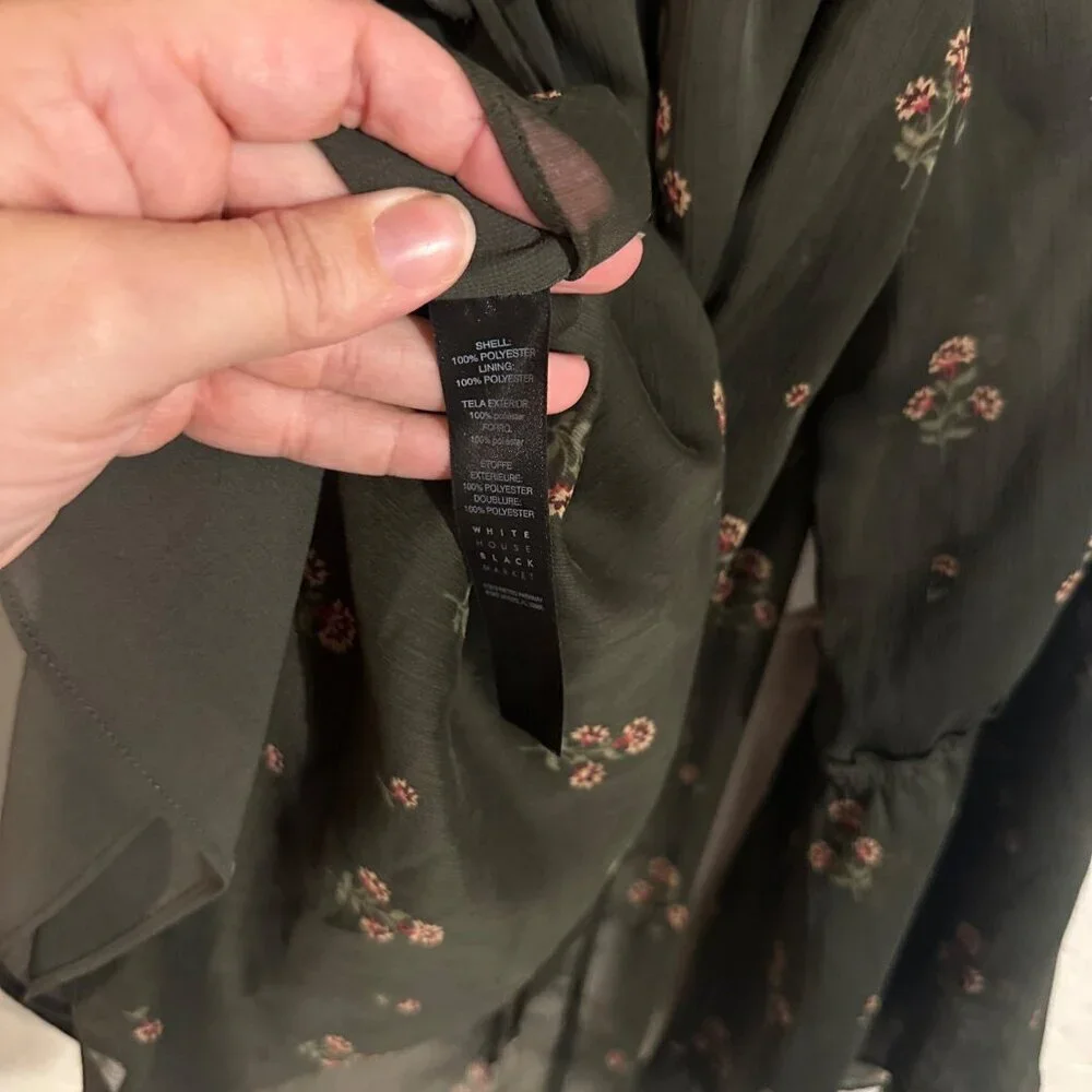 Y White House Black Market Olive Green Off Shoulder Floral Gauzy Boho Blouse - Picture 9 of 9